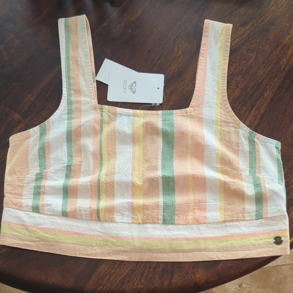 Roxy Women's Peach and Green Striped Cropped Tank Top